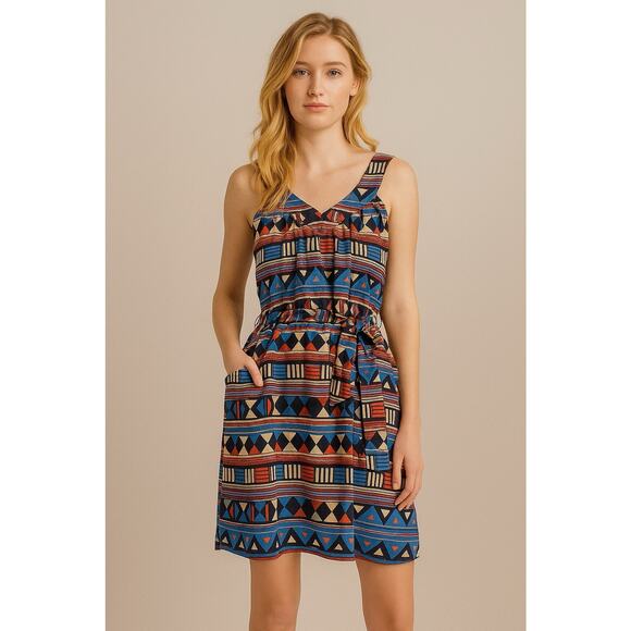 Marc by Marc Jacobs Silk Dress Size Small Aztec Print V Neck Waist Tie Y2K Retro - Picture 1 of 13